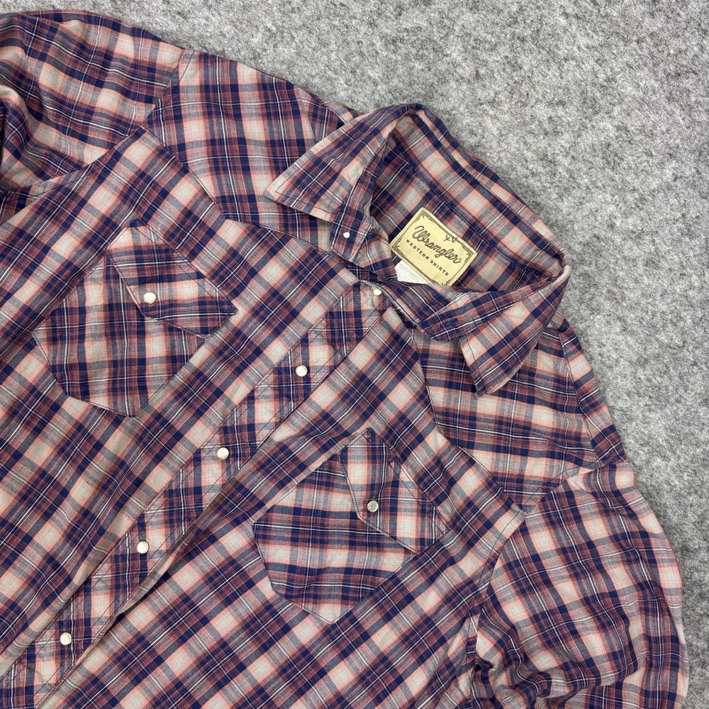 *FLAWS Wrangler Mens Size XL Orange Blue Western Pearl Snap‎ Plaid Long Sleeve
